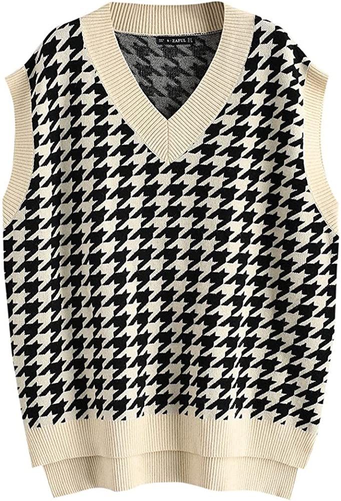 ZAFUL Women's Pullover Argyle Plaid Sweater Vest Houndstooth Knitted Sleeveless Sweater Preppy St... | Amazon (US)