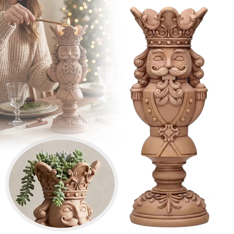 Nutcracker Soldier Pillar Candle Holder 9.8" x 3.9" Khaki Resin Wood-Carved Look Christmas Figuri... | Walmart (US)