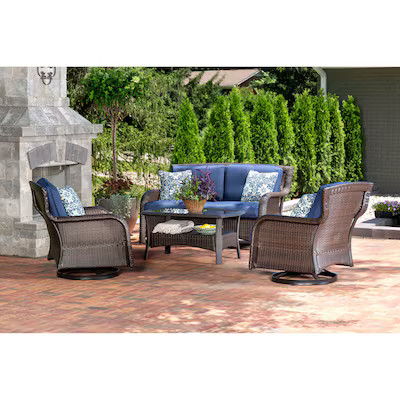 Hanover Strathmere 4 -Piece Wicker Patio Conversation Set with Blue Cushions | Lowe's