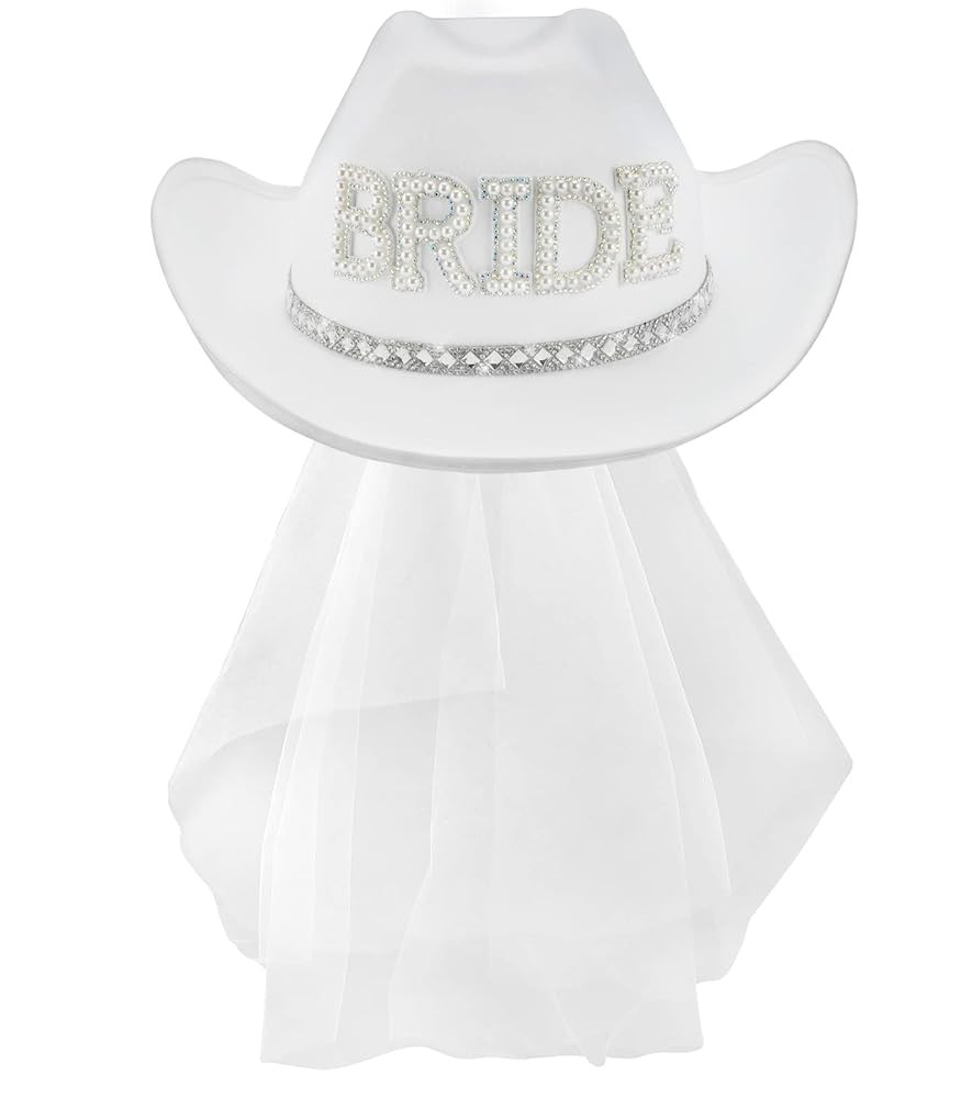 quescu Bridal Cowgirl Hat for Bachelorette Party,Rhinestone White Cowboy Hat for Women Bride To B... | Amazon (US)