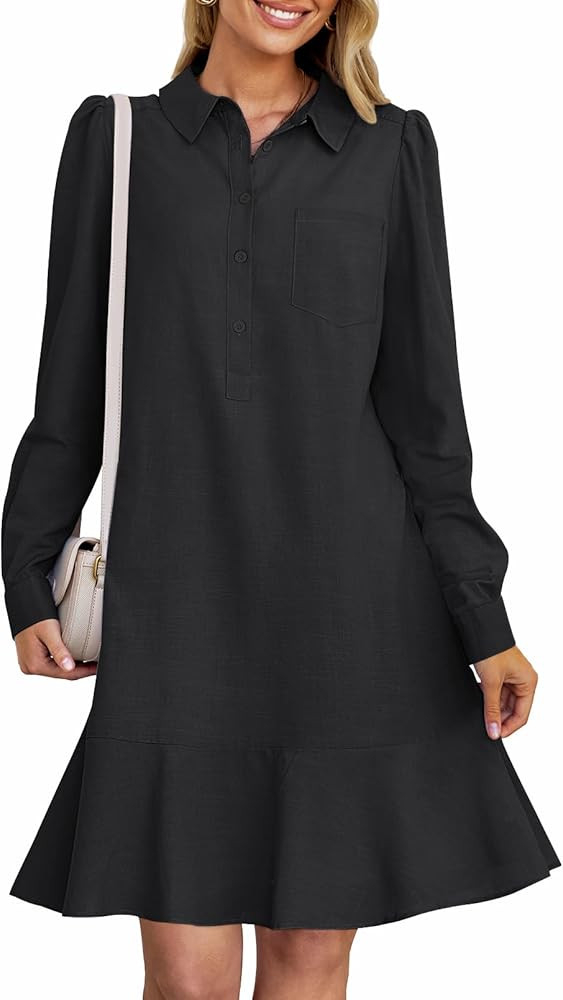 MEROKEETY Women's Long Sleeve Button Down Shirt Dress Ruffle Flowy Casual Tunic Shift Mini Dresse... | Amazon (US)