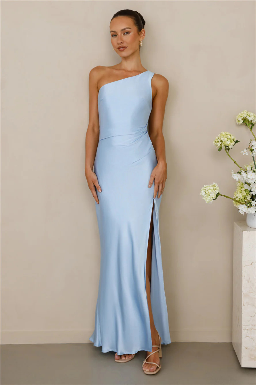 The Aurora One Shoulder Satin Maxi Dress Blue | Hello Molly (US)