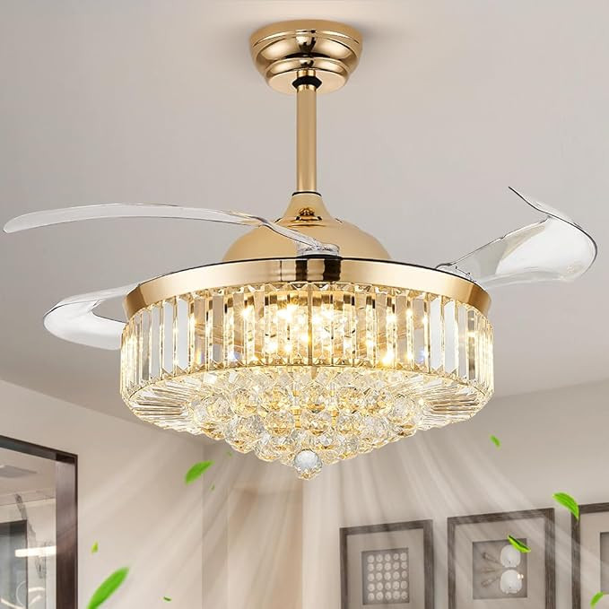 42'' Fandelier Ceiling Fan with Light, Retractable Chandelier Fan LED Dimmable Crystal Ceiling Fa... | Amazon (US)