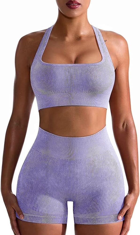GXIN Women Ribbed Workout 2 Piece Sets Sexy Acid Wash Yoga Sports Bra Seamless High Waist Shorts Out | Amazon (US)