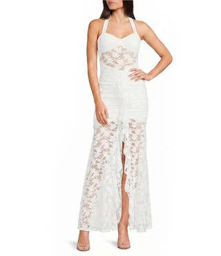 I.N. San Francisco Lace Halter Pinch Front Neck Shirred Ruffled Dress | Dillard's | Dillard's