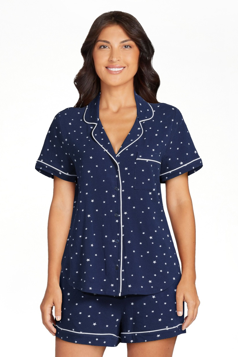 Joyspun Women's Cotton Blend Notch Collar Top and Shorts Pajama Set, 2-Piece, Sizes S to 4X | Walmart (US)