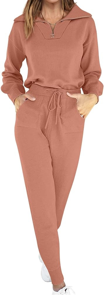 ANRABESS Women's Two Piece Outfits Sweater Lounge Sets Long Sleeve Zip Up Knit Pullover Jogger Pa... | Amazon (US)