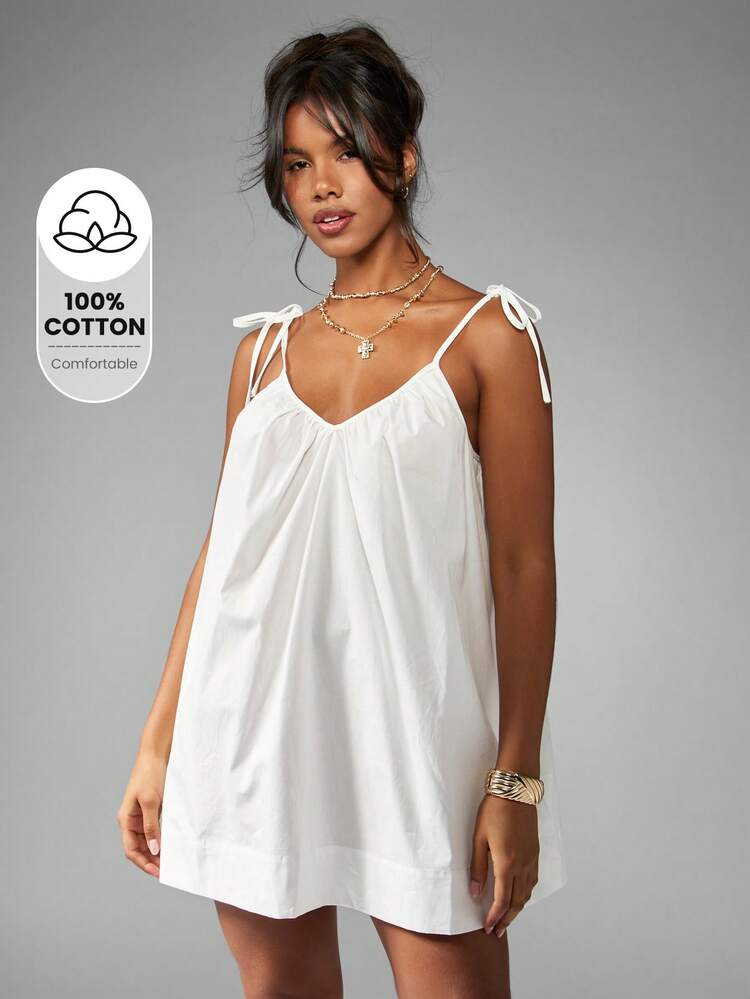 MISSGUIDED Smock Mini Dress Summer Tie Shoulder Loose Flowy Beach Vacation Resort Cotton Shift Sundress Spring Festival Boho Holiday Loungewear | SHEIN