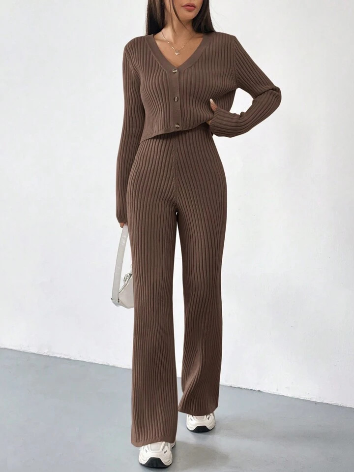 SHEIN EZwear Ribbed Knit Button Front Cardigan & Knit Pants | SHEIN