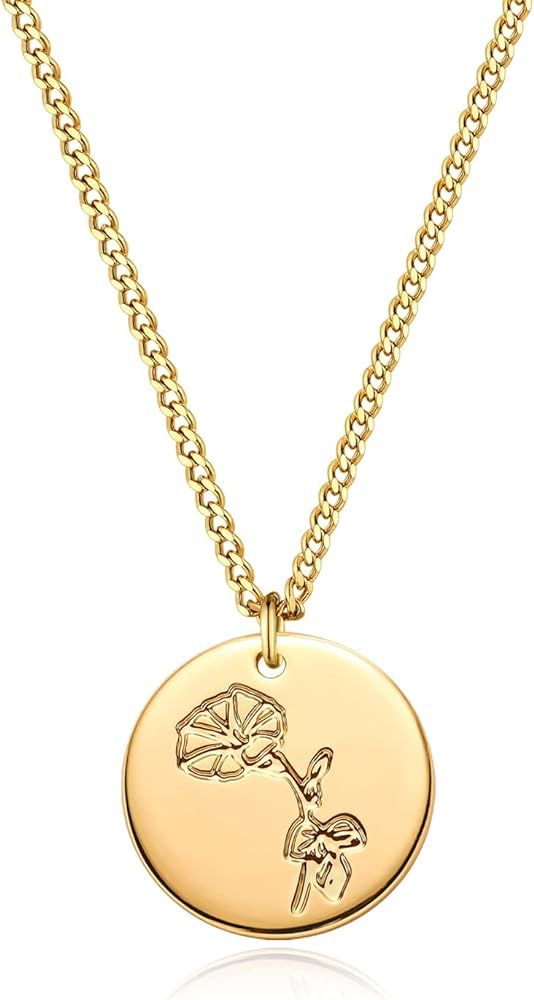 LADYGD Birth Flower Necklace 18K Gold Plated Layered Necklaces for Women Disc Cuban Birthday Jewe... | Amazon (US)