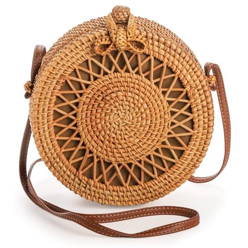 Okllen Round Rattan Bag for Women, Bohemian Style Handwoven Straw Crossbody Bags for Summer Vacation | Amazon (US)