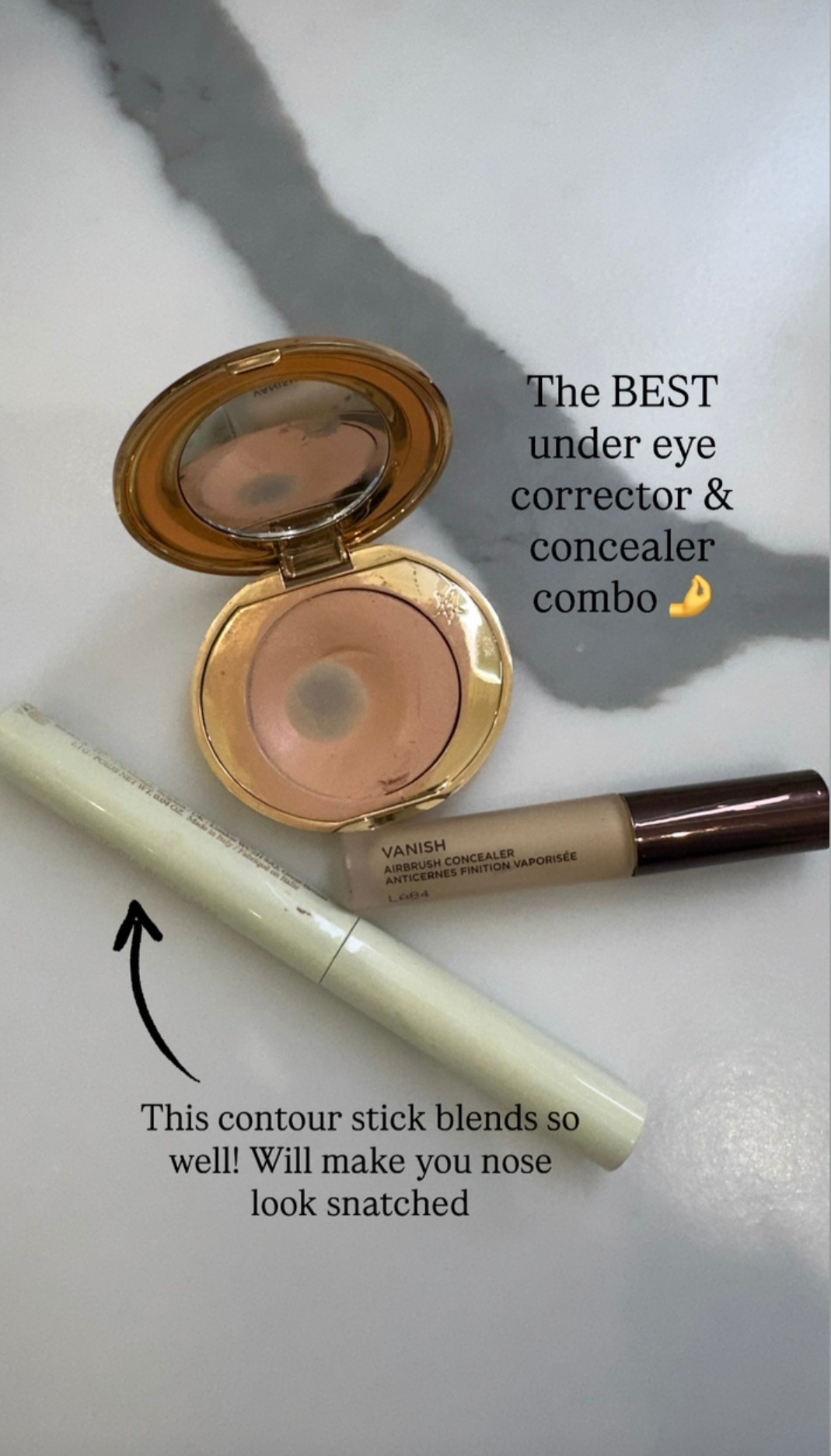 1) best under eye corrector 
2) best concealer 
3) best contour stick 