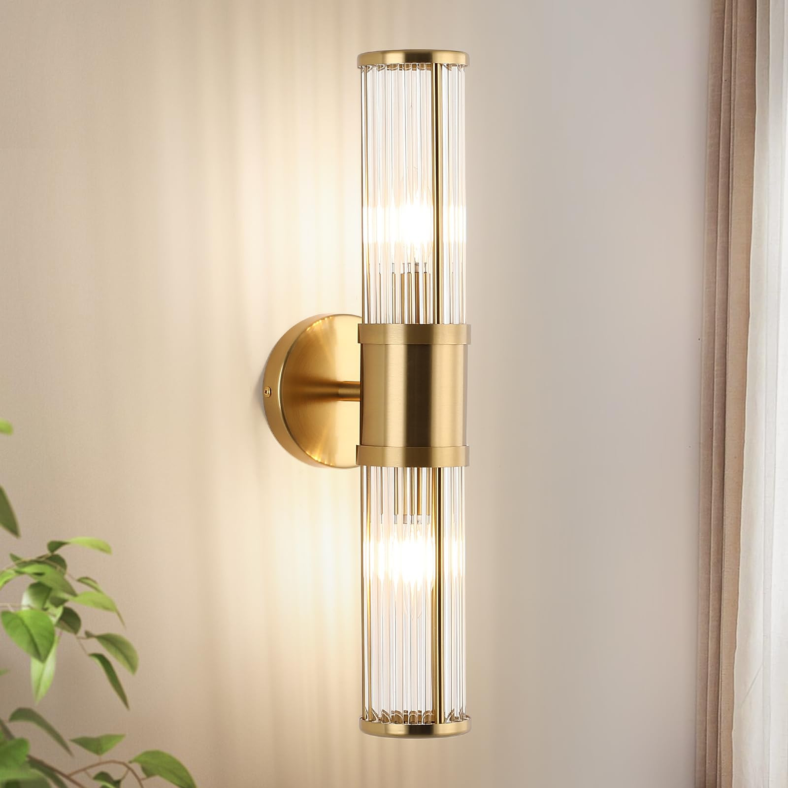 Modern Brushed Brass Vanity Light Fixture - Dual Glass Rods Wall Sconce for Bathroom, Double Ligh... | Amazon (US)