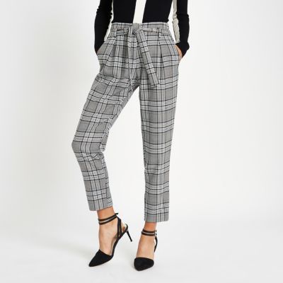 Navy check tie waist tapered pants | River Island (UK & IE)