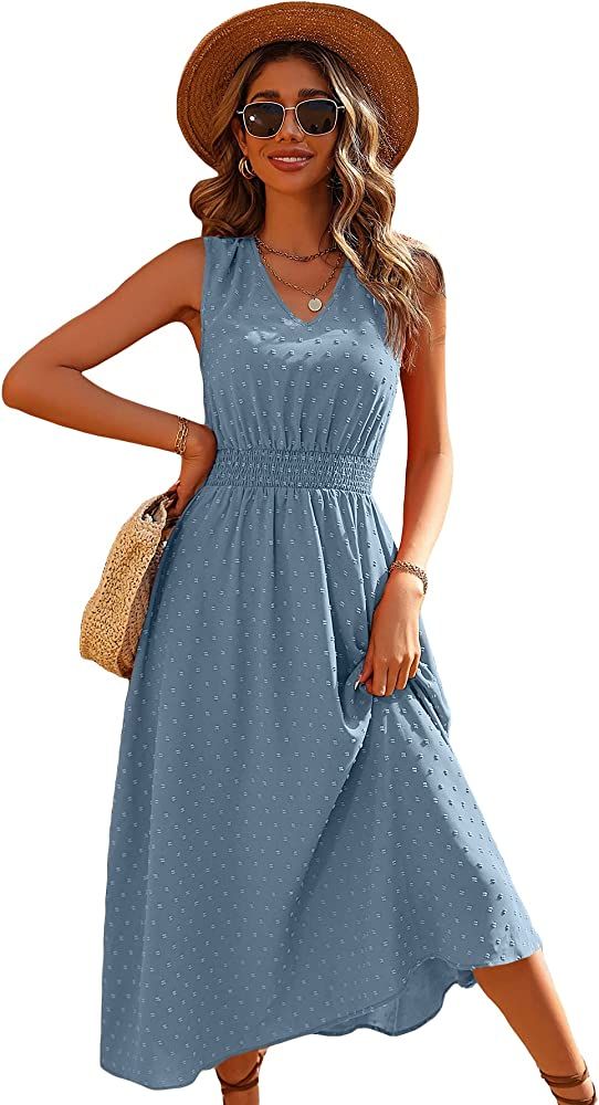 Milumia Women's Swiss Dots Smocked Waist V Neck Sleeveless A Line Flowy Long Dress | Amazon (US)