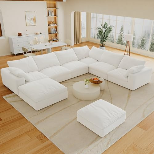 160" Cloud Modular sectional Sofa, Comfy Large sectional couches for Living Room, 8 Seater U Shaped Couch with Storage Ottoman, Down Filled Sleeper Sofa Bed, Removable Washable Covers, White | Amazon (US)