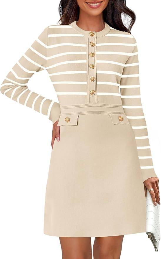 MEROKEETY Women's Long Sleeve Striped Sweater Dress Button Crewneck Fall Bodycon Formal Mini Dres... | Amazon (US)