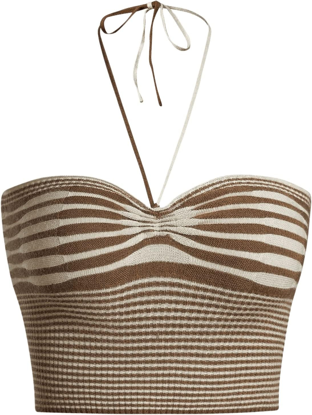 SweatyRocks Women's Striped Tie Backless Halter Top Sleeveless Knitted Crop Cami Tank | Amazon (US)