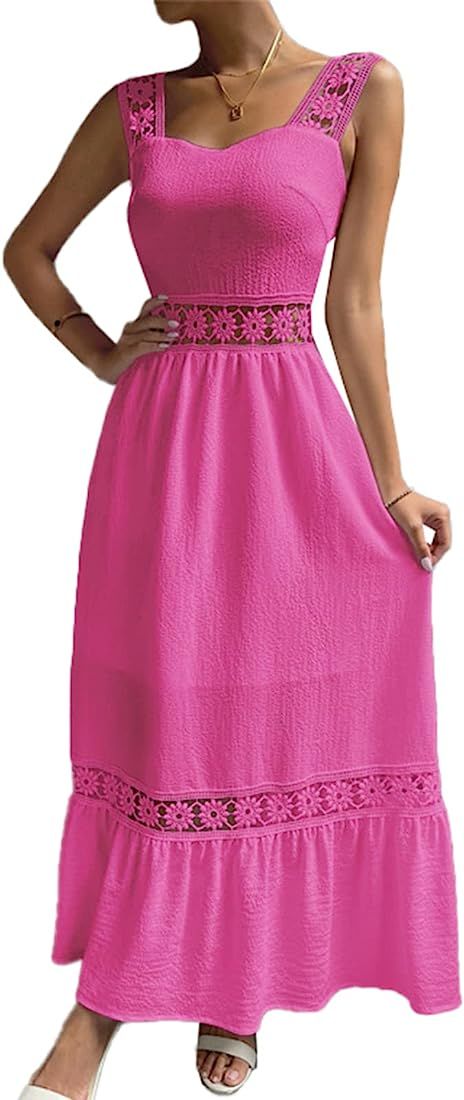 Women Cami Long Dress Guipure Lace Insert Ruffle Hem Sleeveless High Waist Boho Dress | Amazon (US)
