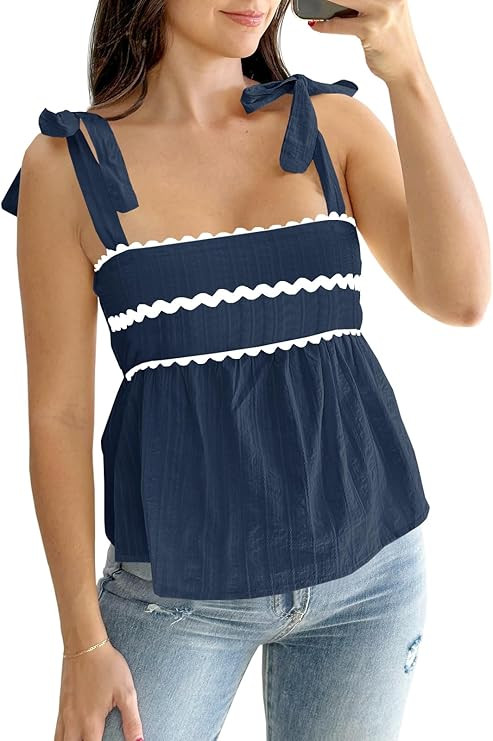 Tankaneo Womens Cute Tank Tops Summer Casual Peplum Babydoll Square Neck Tie Strap Backless Shirt... | Amazon (US)