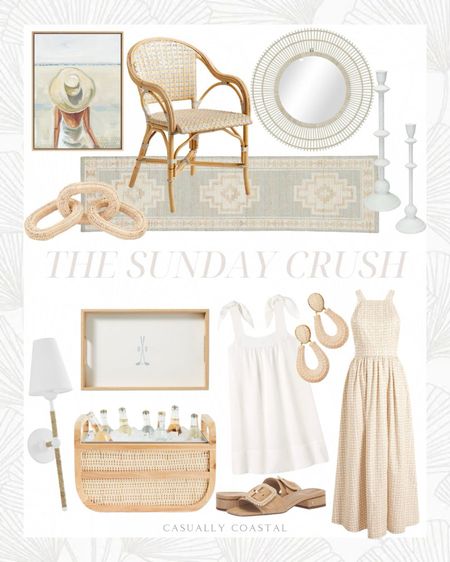 This week's edition of the Sunday Crush includes all things neutral that I'm just adoring!
-
Coastal style, coastal home decor, neutral style, neutral home decor, beach house style, beach home, coastal finds, neutral finds, Easter dress, spring maxi dress, neutral dress, resort wear, spring outfit, beach cover-up, swim cover-up, statement earrings, raffia earrings, coastal sconces, white sconces, beach house sconces, pottery barn lighting, cotton dress, side chair, dining room chairs, woven dining chairs, woven tray, coffee table tray, white linen cover up, rattan beverage tub, Melina sconce, starburst wall mirror, coastal mirrors, walmart mirrors, round mirror, rattan mirrors, Serena & Lily runners, coastal runners, neutral rug, rugs on sale, living room rug, coastal rug, coastal artwork, beach artwork, woven sandals, sam edelman sandals woven slides, amazon sandals, candle stick holders, decorative accents, amazon home decor, coffee table decor, spring home decor, rattan decor, woven decor

#LTKhome #LTKfindsunder50 #LTKfindsunder100