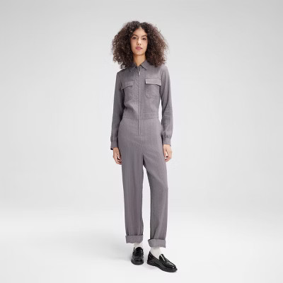 Women's Long Sleeve Denim Jumpsuit - Wild Fable™ Gray Striped M | Target