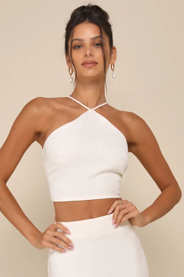 Sweetly Elite Ivory Tweed Sleeveless Halter Crop Top | Lulus