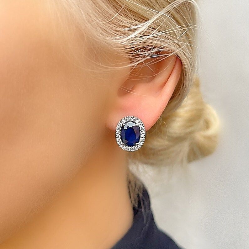 Genuine Large Sapphire Halo Oval Silver Stud Earrings | Etsy | Etsy (US)