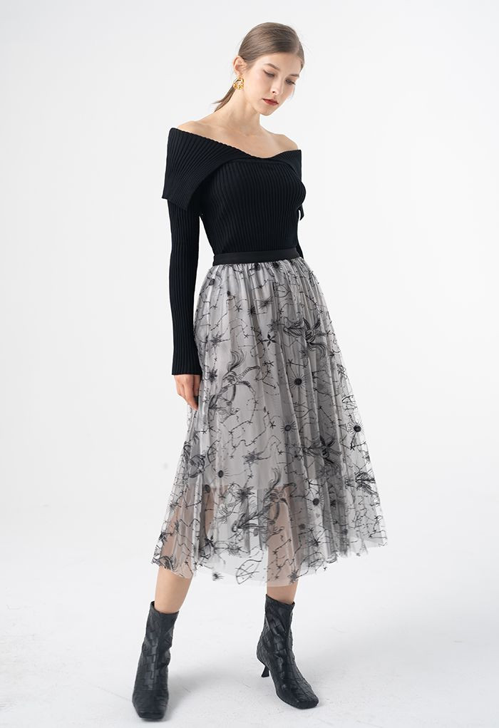 Flap Collar Off-Shoulder Crop Knit Top in Black | Chicwish