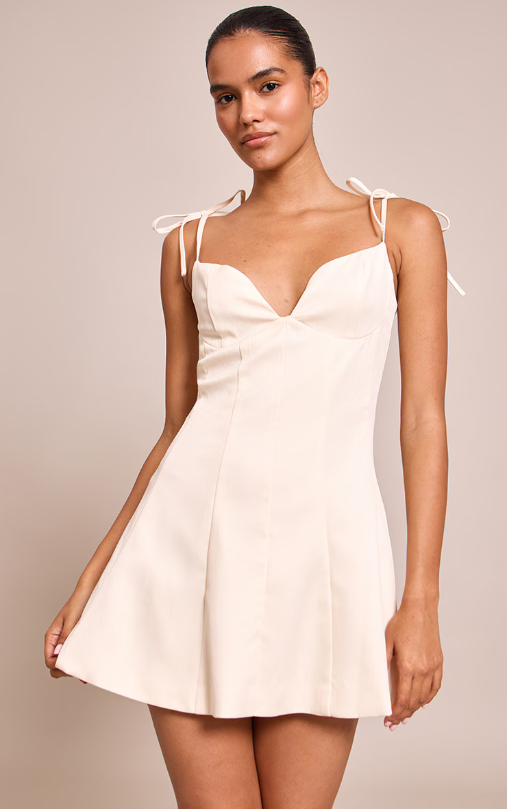 Cream Woven Shoulder Tie Strap Mini Shift Dress | Dresses | PrettyLittleThing US