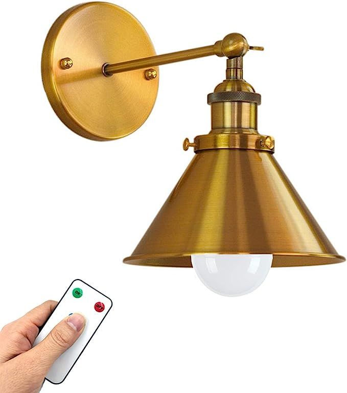 Wall Sconce Lighting Battery Operated,1-Pack Industrial Brass Wall Sconce with Remote,400 Lumens ... | Amazon (US)