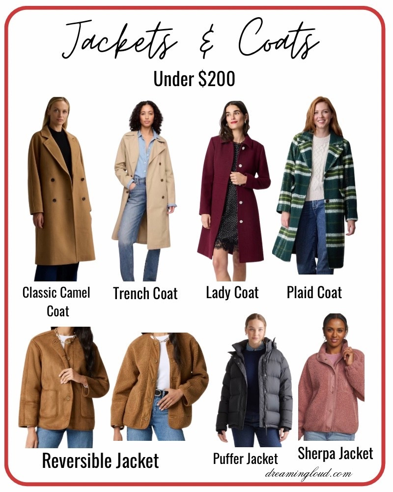 Fall and Winter Jackets and Coats under $200
Quince camel coat, gap factory trench coat, here factory burgundy lady coat, kohls lc Lauren Conrad plaid coat, J.crew factory suede reversible jacket, quince puller jacket, Maurice’s Sherpa jacket 

#LTKMidsize #LTKStyleTip #LTKSeasonal
