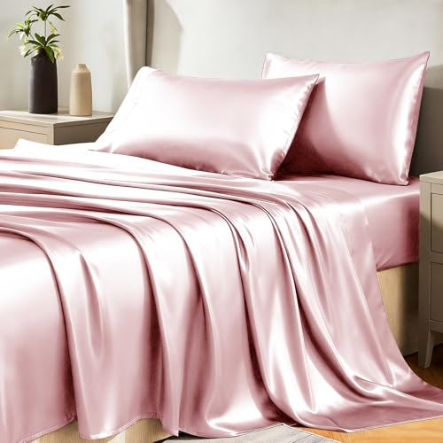 CozyLux Satin Sheets King Size Sheet Set - 4 Piece Silky King Sheets, Luxury Dirty Pink King Bed Set with Smooth and Soft Microfiber, Includes 1 Fitted Sheet, 1 Flat Sheet and 2 Pillowcases | Amazon (US)