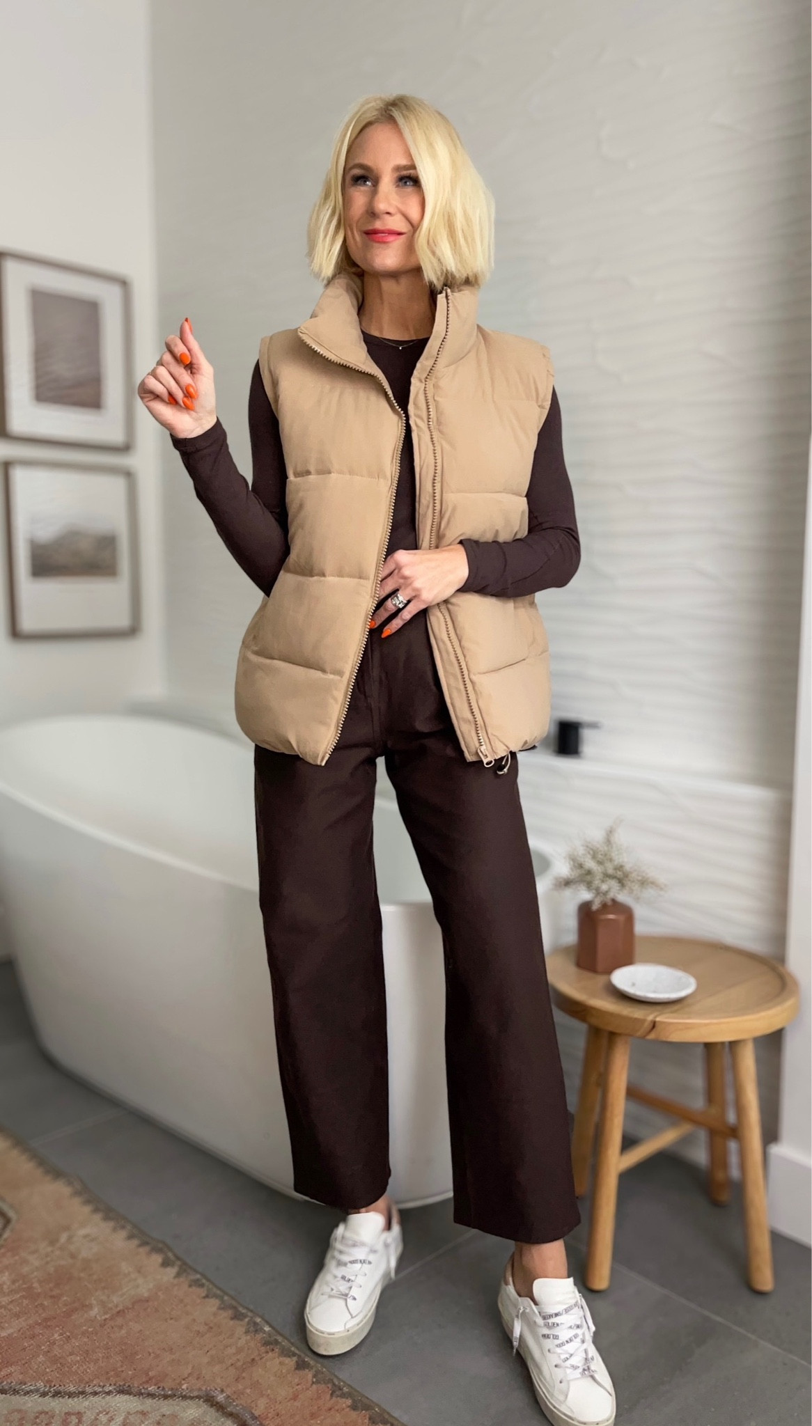 🤎On-trend color of the season🤎 + budget friendly vest! These pants and top are great basics to build outfits on, or simply wear on their own .
Sizing👇🏼
Pants: wearing a 4, and I think they’ll stretch, consider sizing down ** If they’re TOO LONG, did you know hemming is FREE????
Top: runs tts, wearing size 6
Vest: wearing a Medium 
Blazer: wearing a small (fits oversized)

#LTKSeasonal #LTKfindsunder50 #LTKGiftGuide