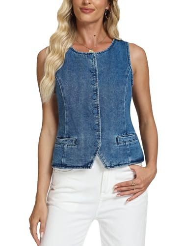 D-Sun Women Denim Vest Sleeveless Crew Neck Button Down Jean Vest Tank Tops Trendy Casual Jean Jacket Waistcoat | Amazon (US)