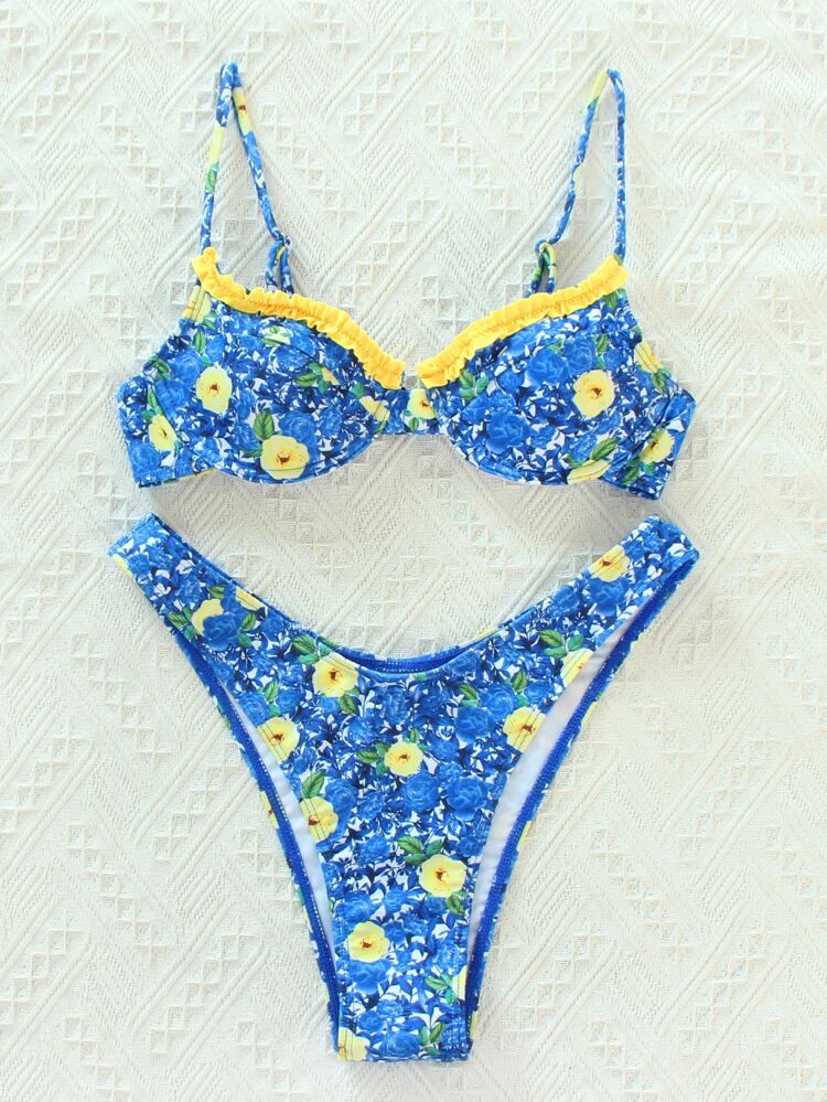 Floral Frill Underwire High Cut Bikini Swimsuit | SHEIN