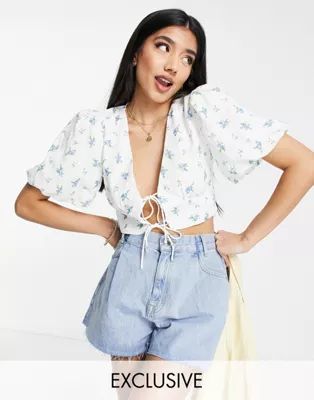 Sisters of the Tribe cropped puff sleeve blouse with tie front in cream | ASOS (Global)