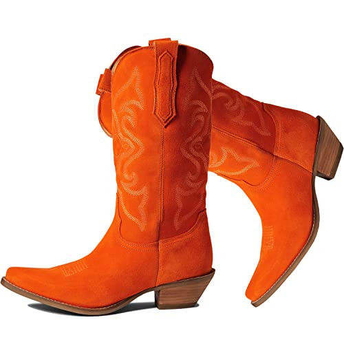 LEHOOR Orange Cowgirl Boots Women Embroidery Knee High Western Boots Orange Chunky Stacked Heel Pointed Toe Pull On Orange Mid Calf Combat Boot V Cut Suede Vintage Fall Winter Boot Suede Orange 8.5 | Amazon (US)