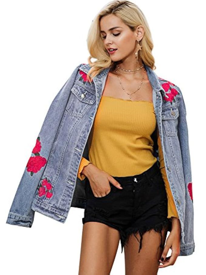 Simplee Women's Floral Embroidery Outwear Blue Denim Coat Jacket with Pockets | Amazon (US)
