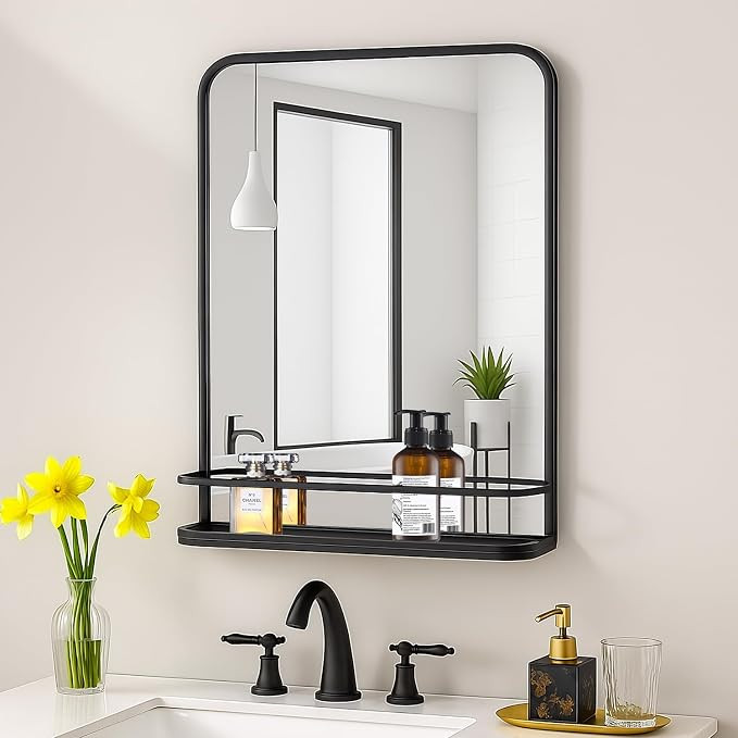 VASUHOME Black Bathroom Mirror with Shelf, 21"x27" Wall Mounted Vanity Mirror with Metal Frame & ... | Amazon (US)