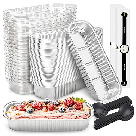 50 PACK Mini Cake Pans with Lids and Spoons, Rectangular Aluminum Foil Bread Pan, Mini Loaf Pans ... | Amazon (US)