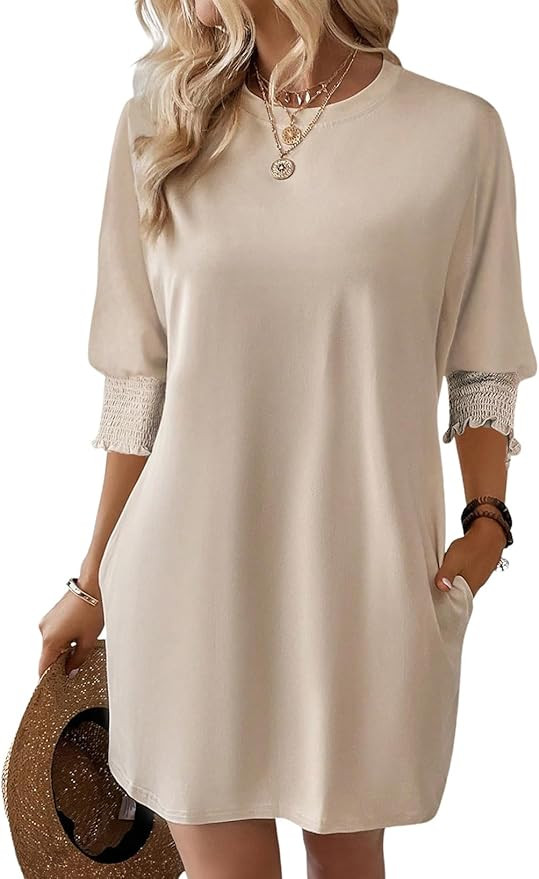 Dokotoo Womens Dresses 2025 Spring 3/4 Sleeve Fashion Dresses Crewneck Casual Mini Dress with Poc... | Amazon (US)