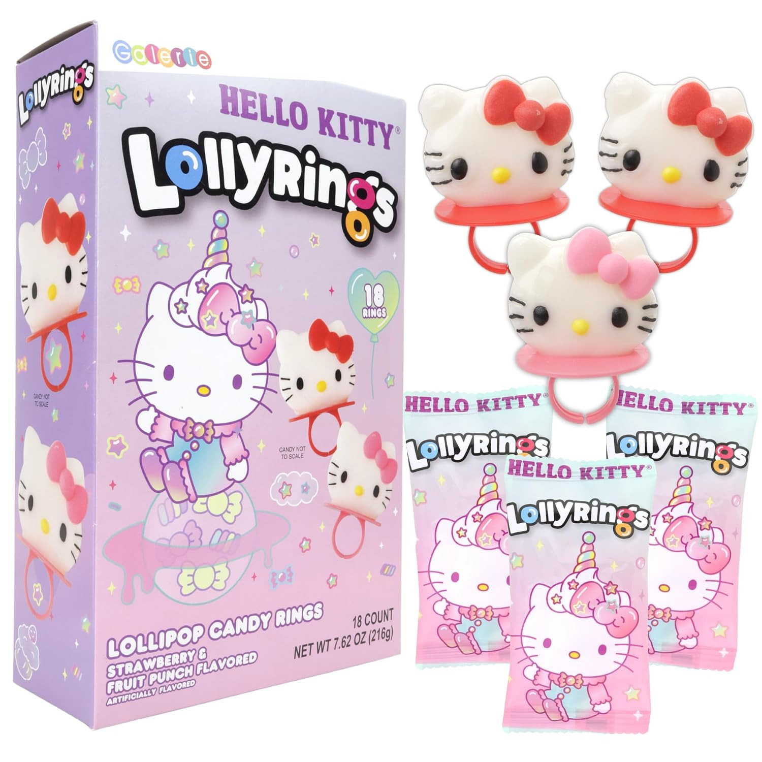 Hello Kitty Lollipop Candy Rings, Strawberry and Fruit Punch Flavored, Individually Wrapped Birthday Treat Favors, Box of 18 | Amazon (US)