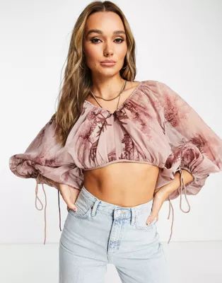 ASOS DESIGN ruched voile puff ball blouse in pink & purple floral print | ASOS (Global)