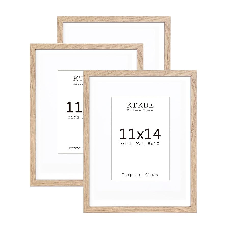 KTKDE 11x14 Picture frame Set of 3, 8x10 mat or 11x14 Without Mat,Nature Wooden Frame Real Glass ... | Amazon (US)