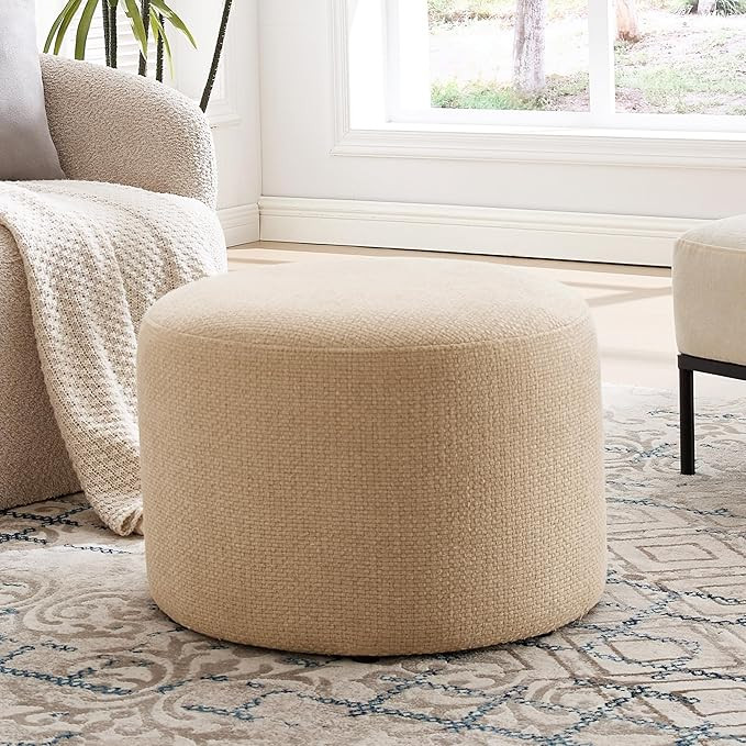 Flouki Round Upholstered Ottoman with Soft Padded Seat, Modern Linen Blend Footstool for Living R... | Amazon (US)