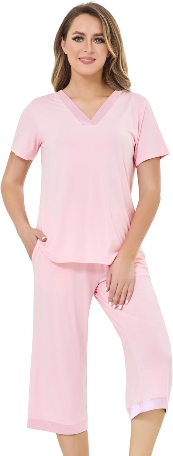 NACHILA Womens Bamboo Pajamas Set Short Sleeve Sleepwear Satin V Neck Pjs Soft Pj Sets Capri Pant... | Amazon (US)