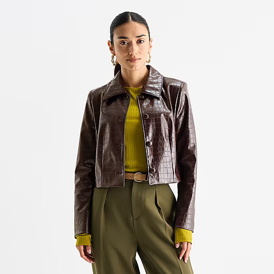 new!Worthington Womens Faux Leather Lightweight Cropped Jacket | JCPenney