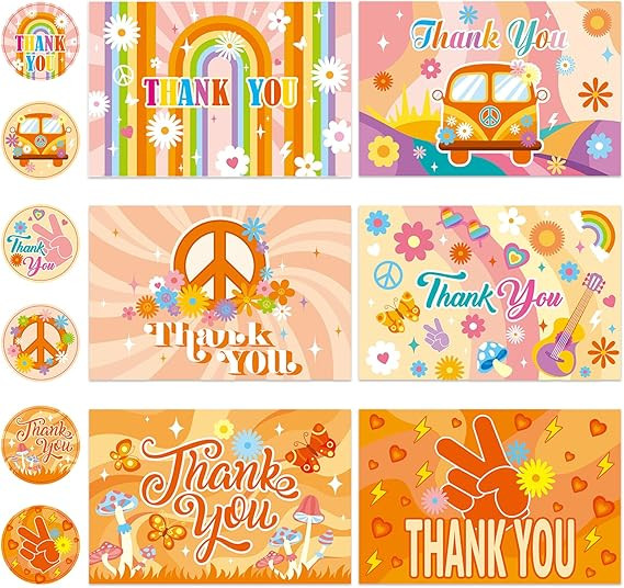 24 Pack Retro Thank You Cards,Groovy Hippie Boho Rainbow Flower Greeting Cards with White Envelop... | Amazon (US)