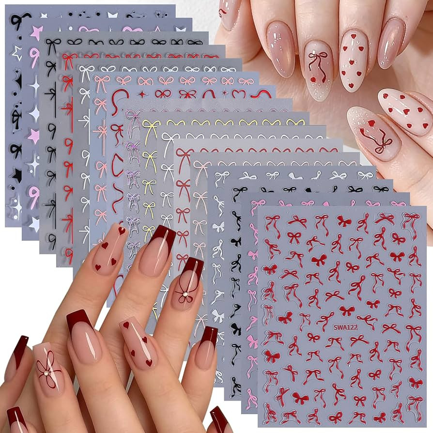 Bow Nail Art Stickers Decals 16 Sheets Red Ribbon Stickers for Nails Cute Gold Silver Pink Black ... | Amazon (US)